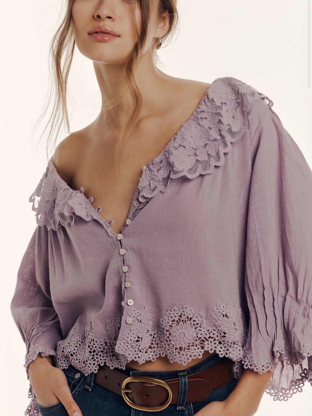Anthropologie Linen Blend Lace-collar Blouse